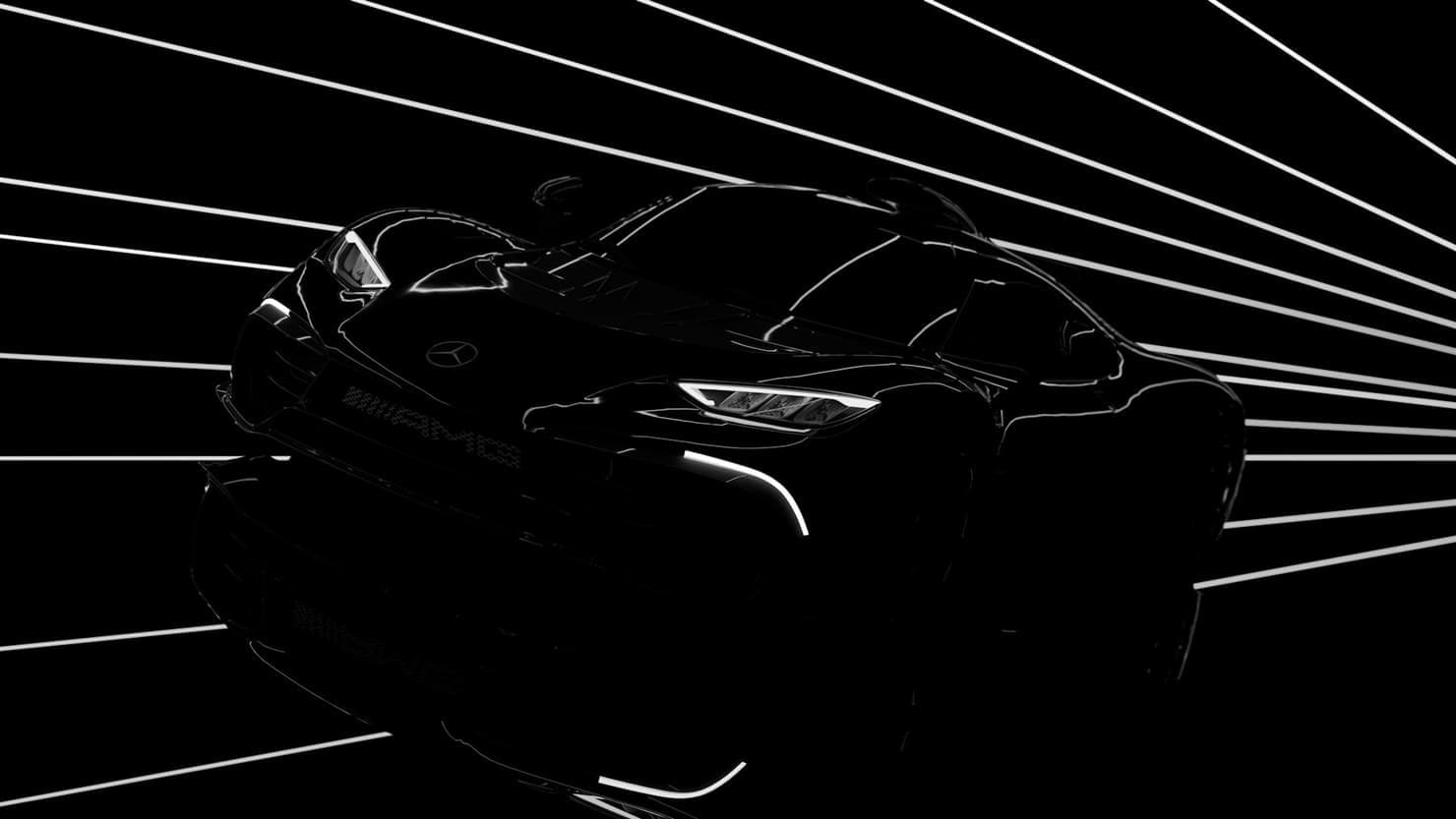 Mercedes-AMG GT w ciemnym studiu, linie światła rysują krawędzie nadwozia na czarnym tle