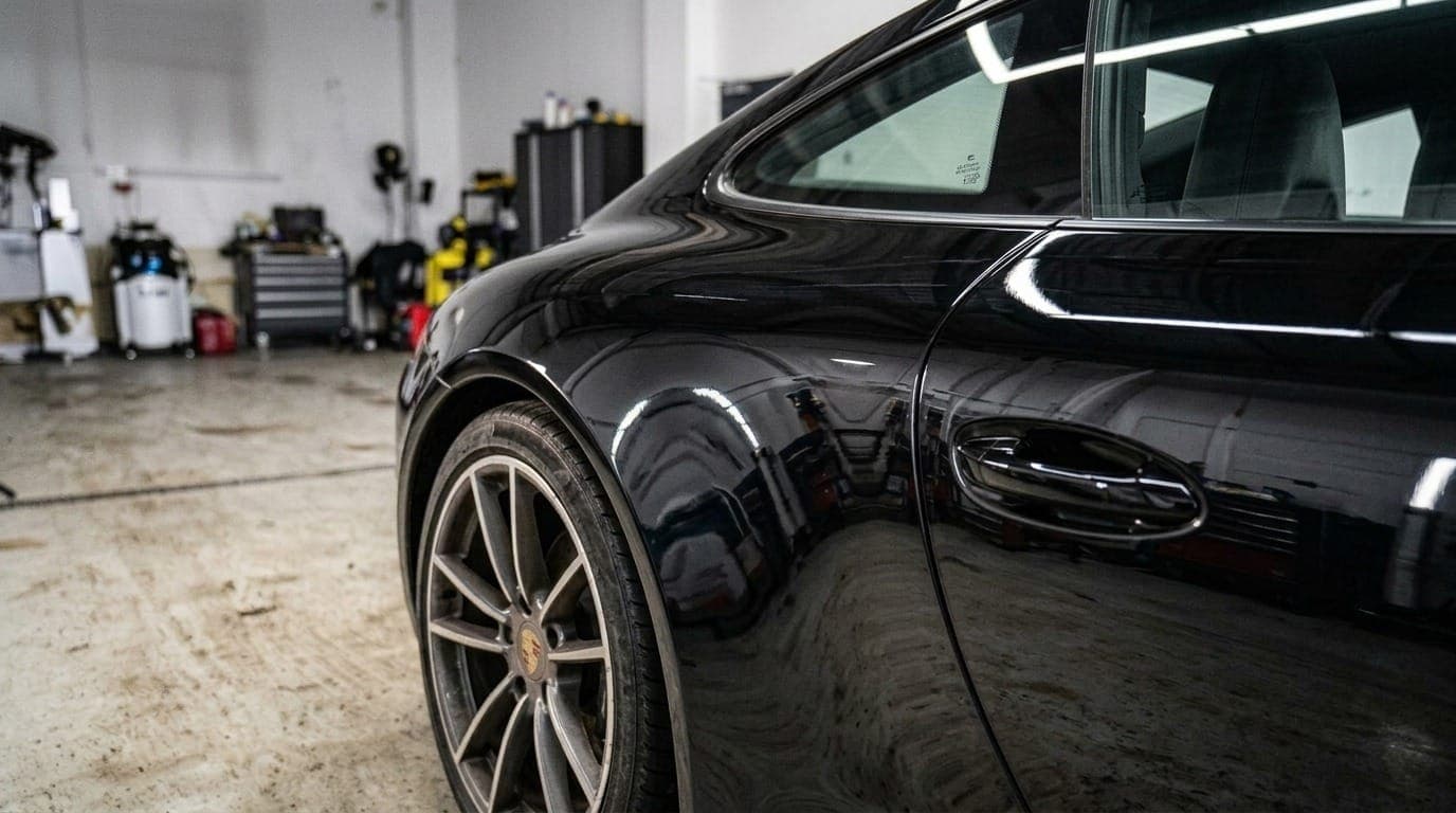 Bok czarnego Porsche po korekcie — ostre, głębokie refleksy świateł hali w lakierze